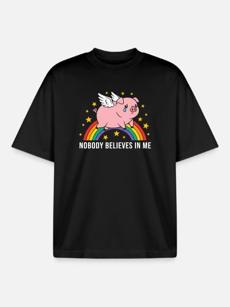 Sad pig on rainbow - Boxy Heavyweight Unisex Organic T-Shirt by Stanley/Stella - black