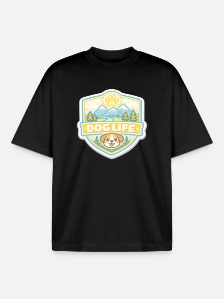 Dog Life Mountain Landscape Badge - Boxy Heavyweight Unisex Organic T-Shirt by Stanley/Stella - black