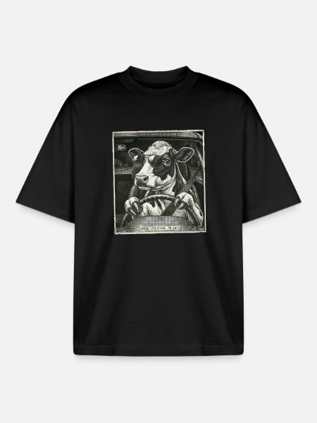 Dairy cow flashed driving a car - Boxy Heavyweight Unisex Organic T-Shirt by Stanley/Stella - black