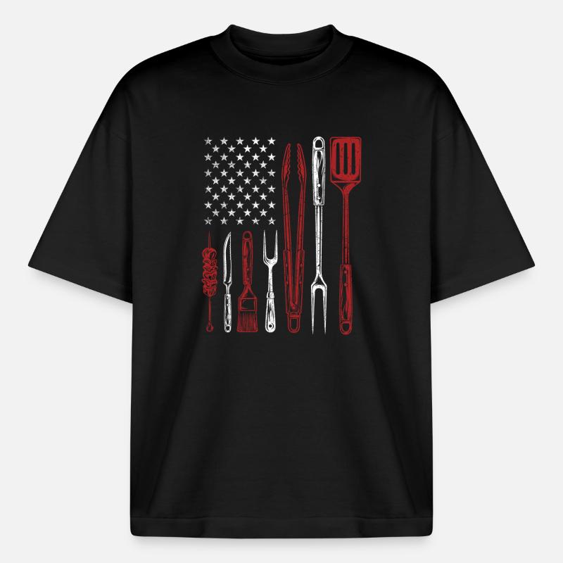 BBQ Grill Tools US Flag Pitmaster - Boxy Heavyweight Unisex Organic T-Shirt by Stanley/Stella - black