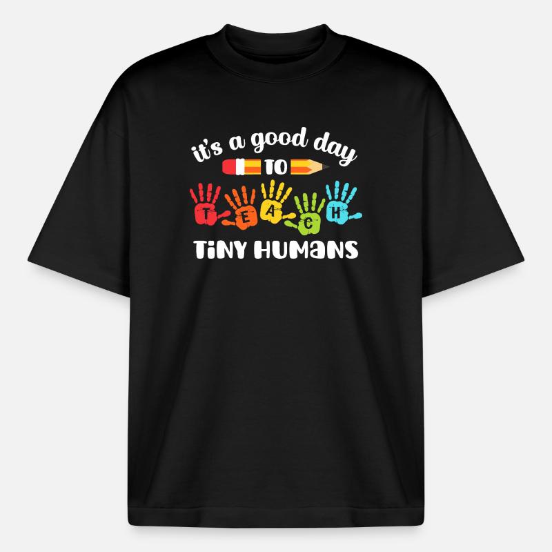 Rainbow Handprints TEACH Tiny Humans - Boxy Heavyweight Unisex Organic T-Shirt by Stanley/Stella - black
