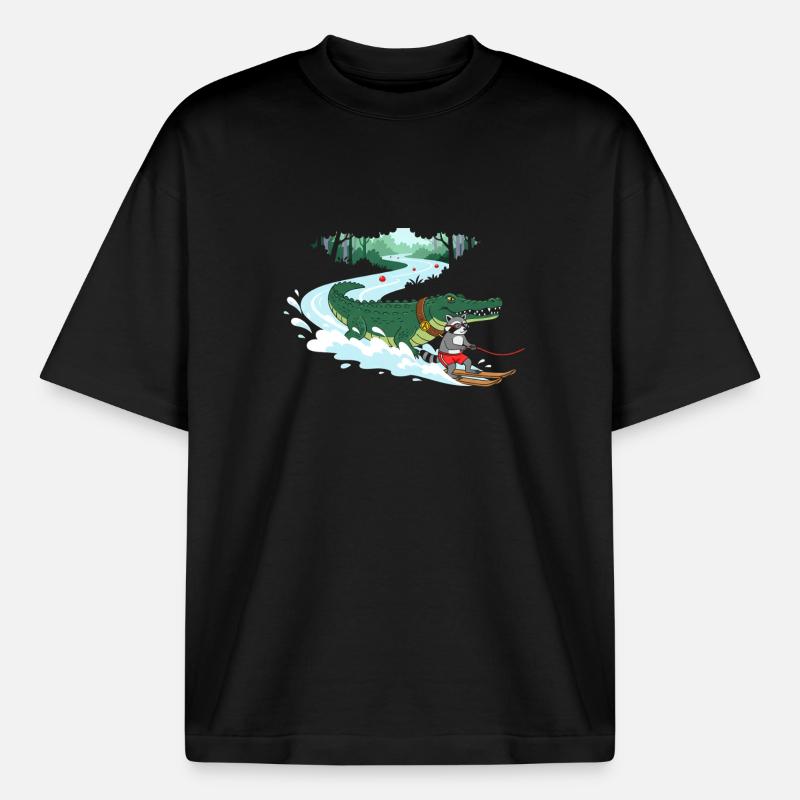 Crocodile Surfeur et Compagnon Chat - T-shirt unisexe boxy épais biologique Stanley/Stella - noir