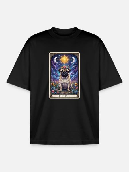 Sun Moon Pug Tarot Illustration - Boxy Heavyweight Unisex Organic T-Shirt by Stanley/Stella - black