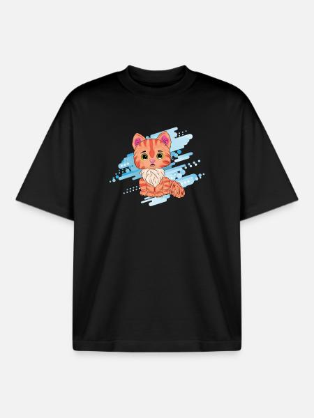 Cute orange cat with scarf - Boxy Heavyweight Unisex Organic T-Shirt by Stanley/Stella - black