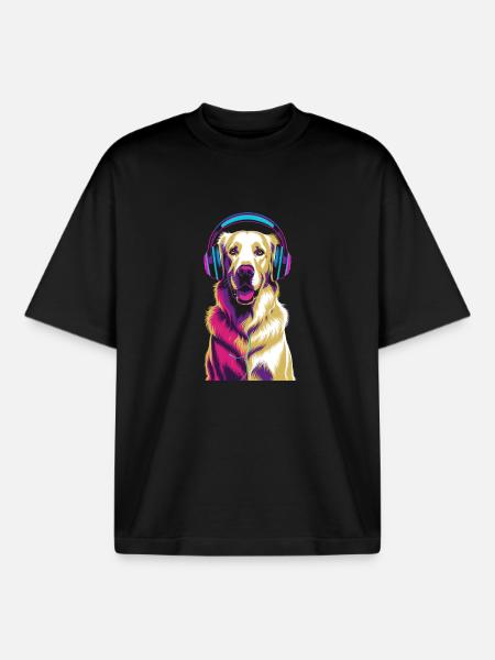 Golden Retriever with Headphones - Boxy Heavyweight Unisex Organic T-Shirt by Stanley/Stella - black