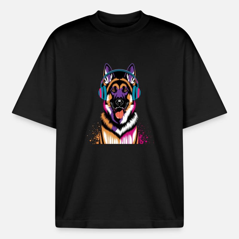 Deutscher Schäferhund mit Kopfhörer - Boxy Heavyweight Unisex Organic T-Shirt von Stanley/Stella - Schwarz
