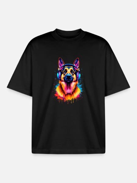 German Shepherd with Headphones - Boxy Heavyweight Unisex Organic T-Shirt by Stanley/Stella - black