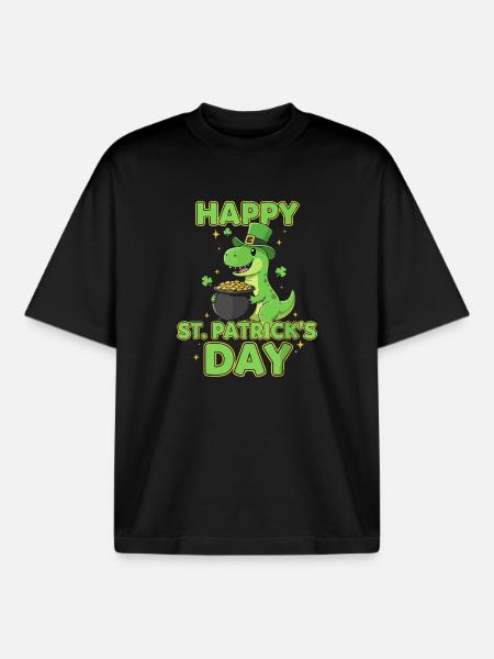 Joyeux dinosaure pour la Saint-Patrick - T-shirt unisexe boxy épais biologique Stanley/Stella - noir