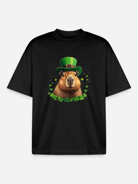 Shamrock Capybara under St Patrick's Hat - Boxy Heavyweight Unisex Organic T-Shirt by Stanley/Stella - black