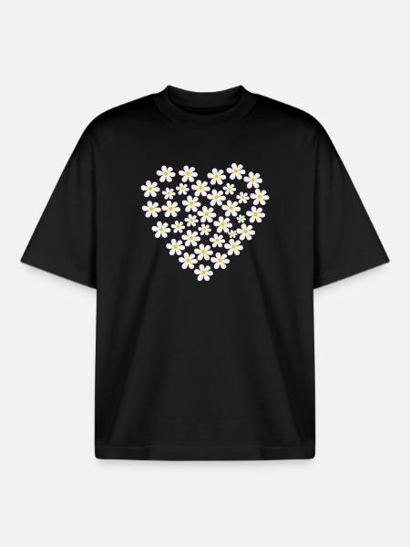 Gänseblümchen Herz | Florales Blumenherz - Boxy Heavyweight Unisex Organic T-Shirt von Stanley/Stella - Schwarz