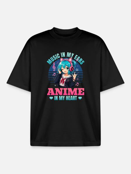 Anime et musique Chibi - T-shirt unisexe boxy épais biologique Stanley/Stella - noir