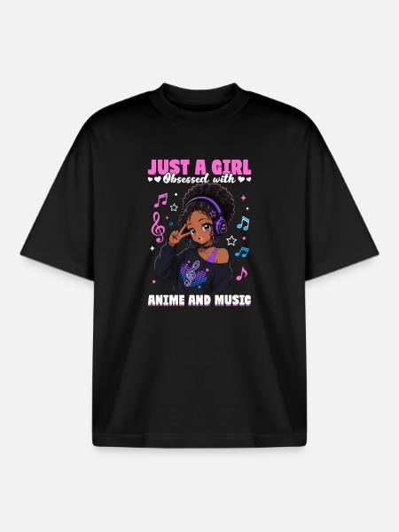 Anime and Music Chibi Black Girl - Boxy Heavyweight Unisex Organic T-Shirt by Stanley/Stella - black