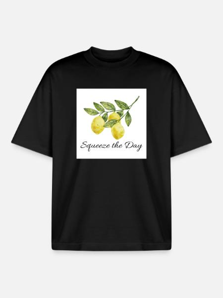 Squeeze the Day Lemon Botanical Design - Boxy Heavyweight Unisex Organic T-Shirt by Stanley/Stella - black