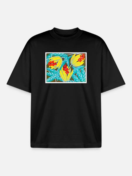 Crimson Flowers and Golden Leaves - Boxy Heavyweight Unisex Organic T-Shirt by Stanley/Stella - black