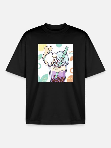 Cute Bunny Funny Boba Bubble Tea - Boxy Heavyweight Unisex Organic T-Shirt by Stanley/Stella - black