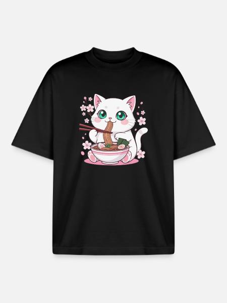 Kitten Cat Ramen Noodles - Boxy Heavyweight Unisex Organic T-Shirt by Stanley/Stella - black