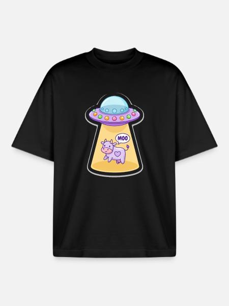 MOO Sjov Alien Ko i UFO Light Beam tegnefilm - Stanley/Stella unisex boxy heavyweight T-shirt økologisk - sort