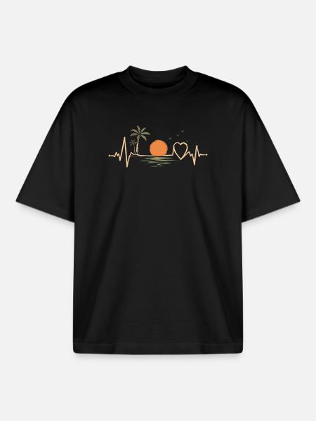 Heartbeat Beach Sun T-Shirt - Boxy Heavyweight Unisex Organic T-Shirt by Stanley/Stella - black
