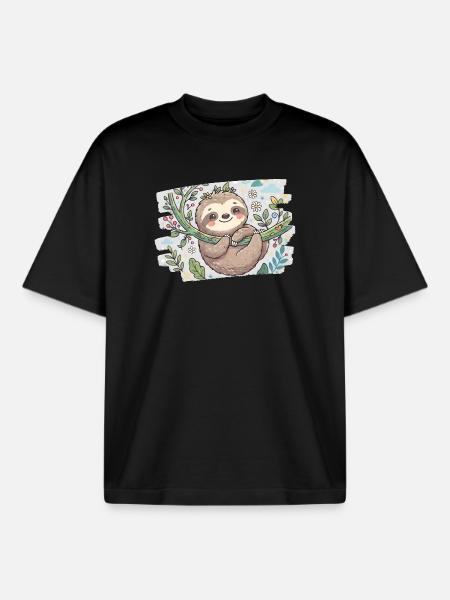 Cute sloth on branch with flowers - Boxy Heavyweight Unisex Organic T-Shirt by Stanley/Stella - black