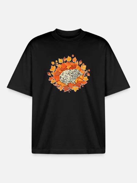 Autumn leaf hedgehog - Boxy Heavyweight Unisex Organic T-Shirt by Stanley/Stella - black
