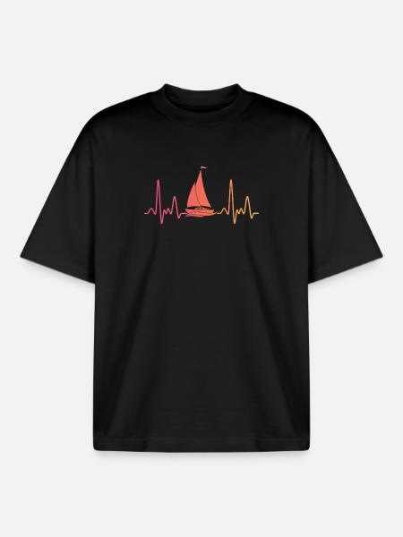 Sailing Boat Sunset Heartbeat Sailboat - Boxy Heavyweight Unisex Organic T-Shirt by Stanley/Stella - black