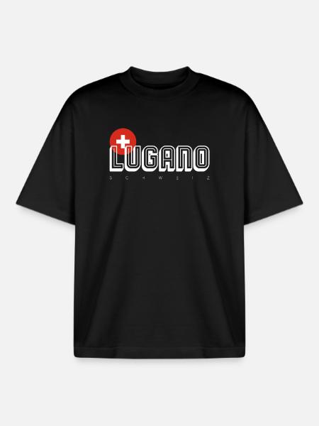 Lugano Swiss Cross Outline Logo - Boxy Heavyweight Unisex Organic T-Shirt by Stanley/Stella - black