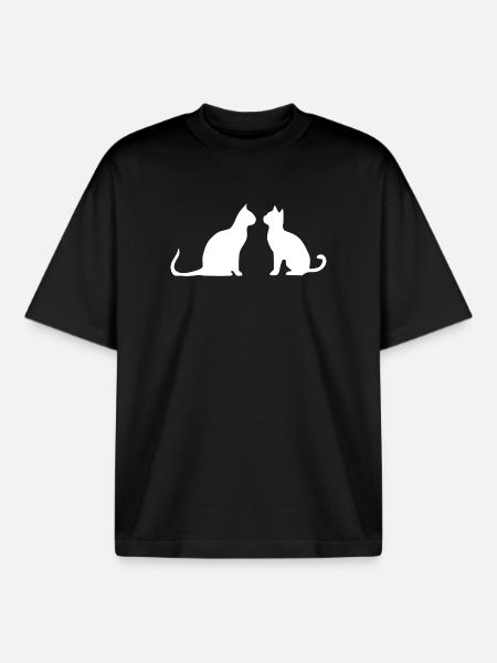 White Cat 2 Cats Silhouettes Gift - Boxy Heavyweight Unisex Organic T-Shirt by Stanley/Stella - black