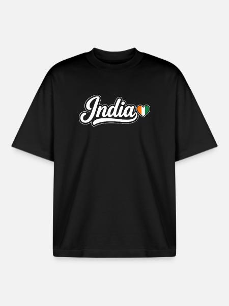 India Script with Flag Heart Patriotic - Boxy Heavyweight Unisex Organic T-Shirt by Stanley/Stella - black