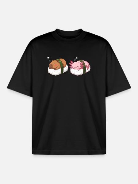 Kawaii Sushi Capybara & Axolotl Cute Sleeping - Boxy Heavyweight Unisex Organic T-Shirt by Stanley/Stella - black