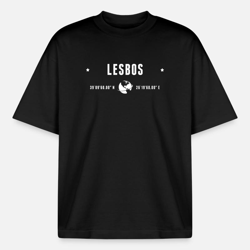 Lesbos Stylized Geographical Coordinates - Boxy Heavyweight Unisex Organic T-Shirt by Stanley/Stella - black