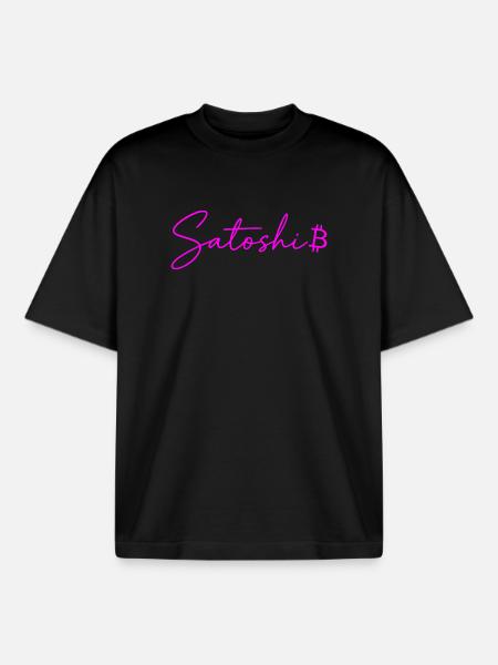 Satoshi Lettres Néon Bitcoin Script Rose - T-shirt unisexe boxy épais biologique Stanley/Stella - noir