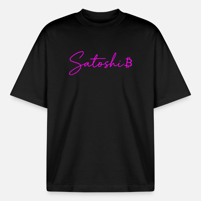 Satoshi Lettres Néon Bitcoin Script Rose - T-shirt unisexe boxy épais biologique Stanley/Stella - noir