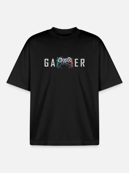 Gamer Schriftzug 3D Controller Nerd Geschenk - Boxy Heavyweight Unisex Organic T-Shirt von Stanley/Stella - Schwarz