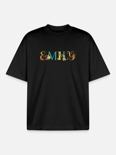 EMILY navnekunst med blomster broderet - Stanley/Stella unisex boxy heavyweight T-shirt økologisk - sort