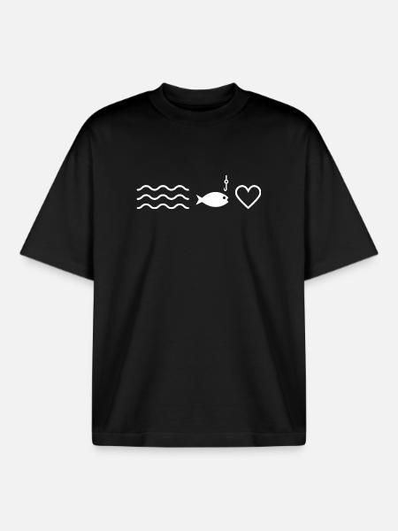Water Fish and Heart Angler - Boxy Heavyweight Unisex Organic T-Shirt by Stanley/Stella - black