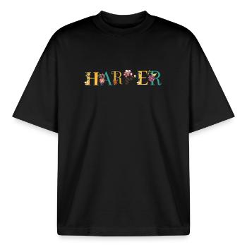 HARPER Namenskunst mit gestickten Blumen - Boxy Heavyweight Unisex Organic T-Shirt von Stanley/Stella - Schwarz - Vorne - AI Model Male 185 light (185cm) & AI Model Female 172 dark (172cm)