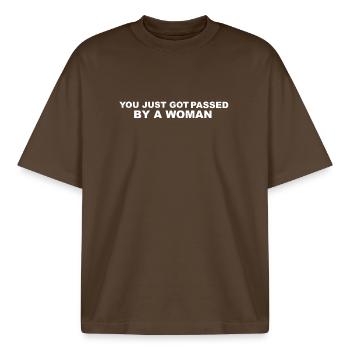 Cult Phrase Sticker - Boxy Heavyweight Unisex Organic T-Shirt by Stanley/Stella - mocha - Front - AI Model Male 185 light (185cm) & AI Model Female 172 dark (172cm)