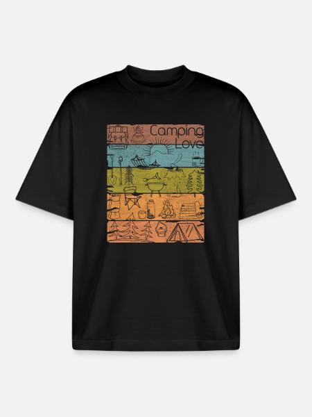 Camping Love lineart retro light - Boxy Heavyweight Unisex Organic T-Shirt by Stanley/Stella - black