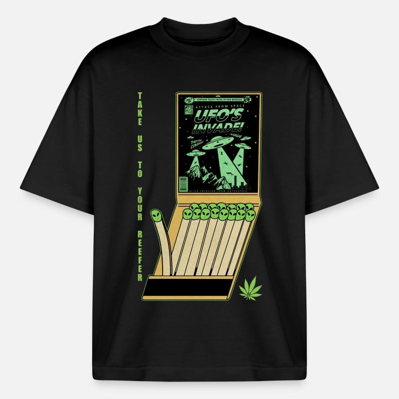 UFO Invasion Vintage Poster Design - Boxy Heavyweight Unisex Organic T-Shirt by Stanley/Stella - black