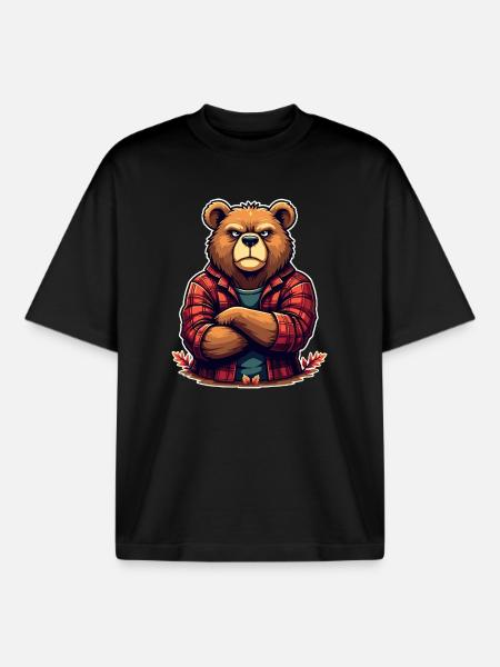 Bear in Plaid Flannel - Boxy Heavyweight Unisex Organic T-Shirt by Stanley/Stella - black