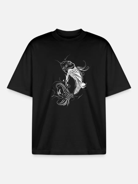 Imaginative koi with ornamental lines - Boxy Heavyweight Unisex Organic T-Shirt by Stanley/Stella - black