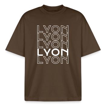 Lyon Typo Grid - Boxy Heavyweight Unisex Organic T-Shirt by Stanley/Stella - mocha - Front - AI Model Male 185 light (185cm) & AI Model Female 172 dark (172cm)