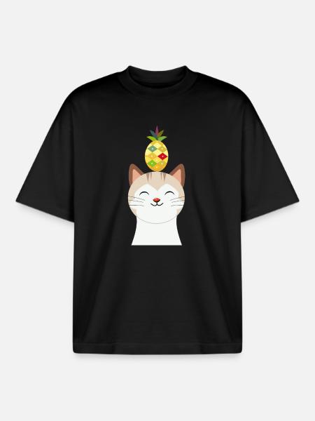 Munter kat med ananas – Tropisk dyredesign - Stanley/Stella unisex boxy heavyweight T-shirt økologisk - sort