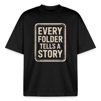 Every Folder Tells a Story - Boxy Heavyweight Unisex Organic T-Shirt by Stanley/Stella - black - Front - AI Model Male 185 light (185cm) & AI Model Female 172 dark (172cm)