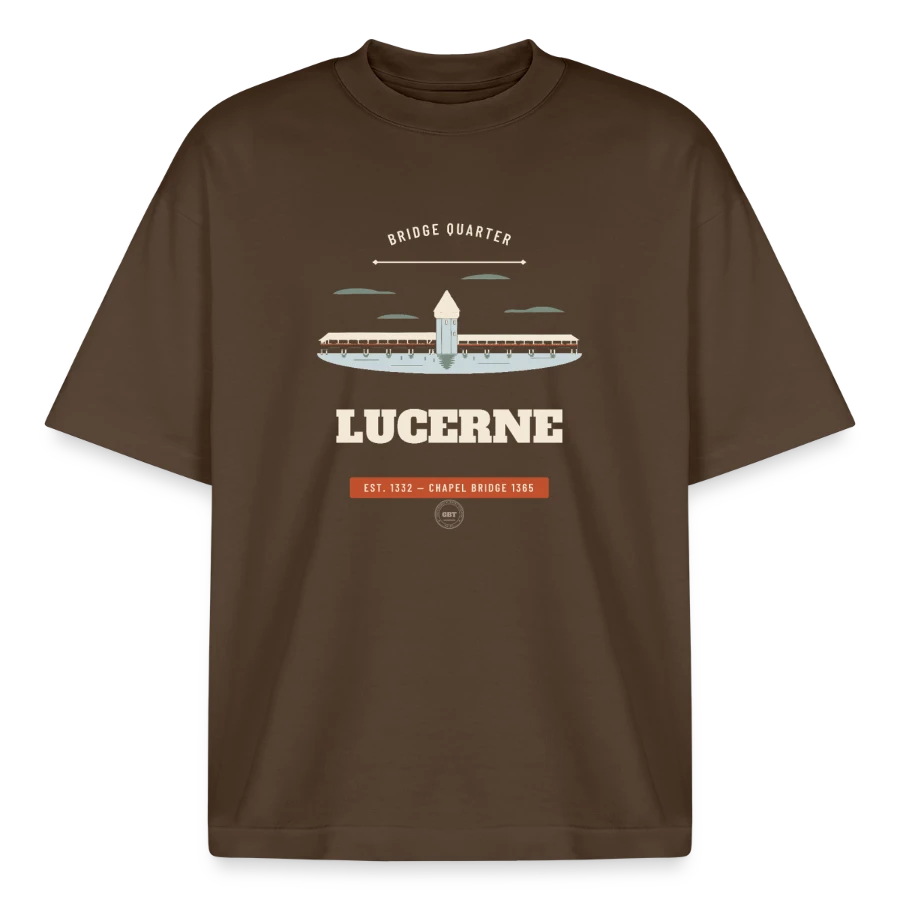 Lucerne badge on a boxy heavyweight unisex organic t-shirt by stanley/stella, mocha