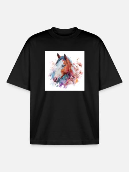 Aquarell Pferdeblüten-Porträt - Boxy Heavyweight Unisex Organic T-Shirt von Stanley/Stella - Schwarz