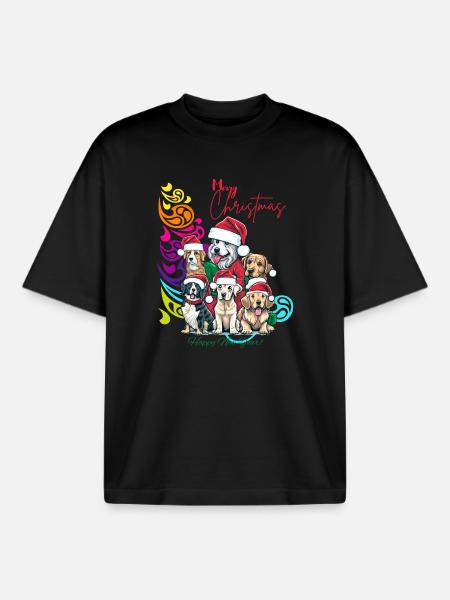 Festive Dog Squad Christmas Design - Boxy Heavyweight Unisex Organic T-Shirt by Stanley/Stella - black