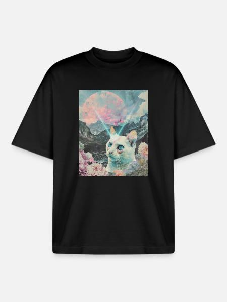 Comet cat between blooming peaks - Boxy Heavyweight Unisex Organic T-Shirt by Stanley/Stella - black