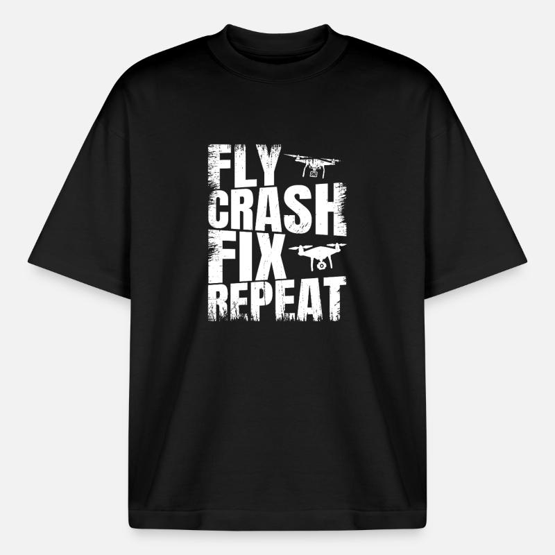 Fly_Crash_Fix_Repeat - T-shirt unisexe épais coupe boxy Stanley/Stella - noir