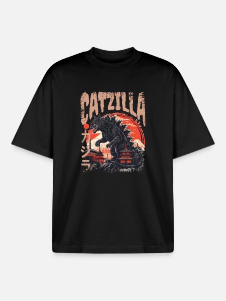 Japanese Kaiju Cat - Boxy Heavyweight Unisex Organic T-Shirt by Stanley/Stella - black